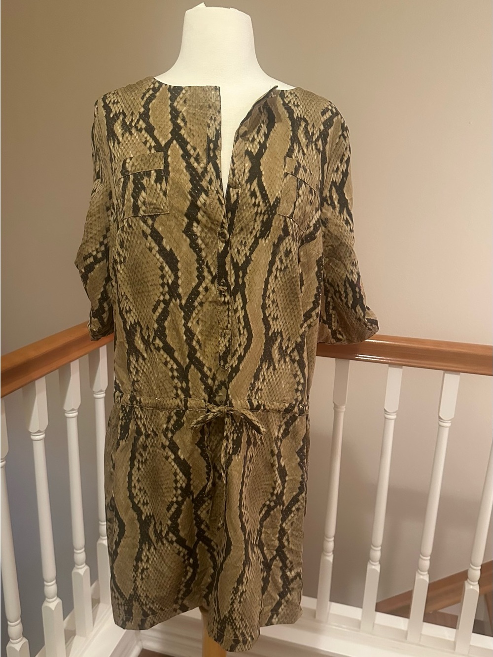 Women’s Snake Print Tie-Waist Shirt Dress in Olive Brown